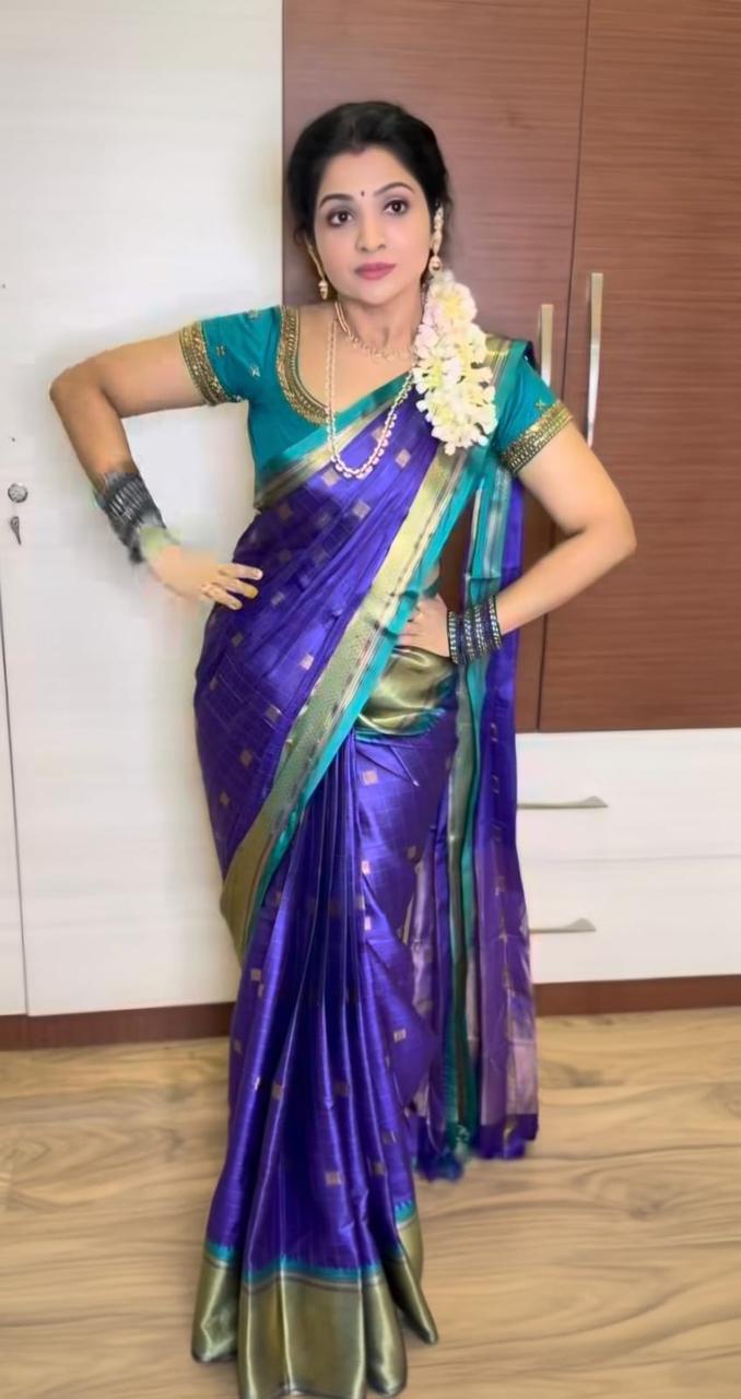 Cream Gold Silk Blend Saree with Blue Mustard Striped Pallu